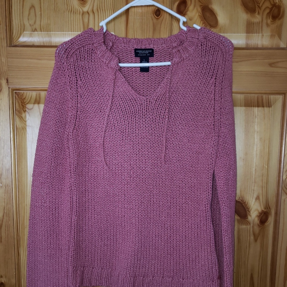 American Eagle Outfitters Pink Chunky Knit V-Neck Tassel Tie Sweater Large